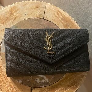 Saint Laurent Black Chevron Leather Envelope Wallet with Gold Logo